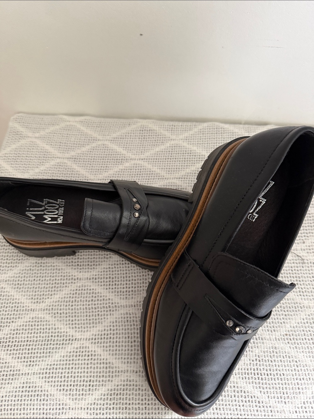 Miz Mooz Black Leather Penny Loafers with Stud Accents NWOB